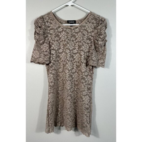 Bebe Top Womens Large Lace Taupe Gray Short Sleeve Y2K Made In‎ USA - Picture 1 of 9